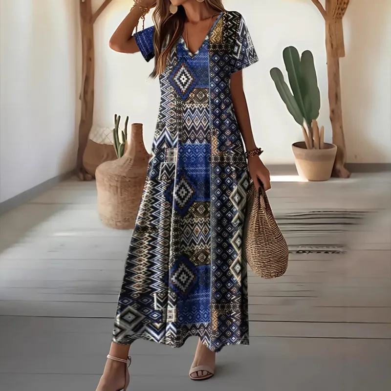Damen Maxikleid mit geometrischem Muster und V-Ausschnitt – Valéora
