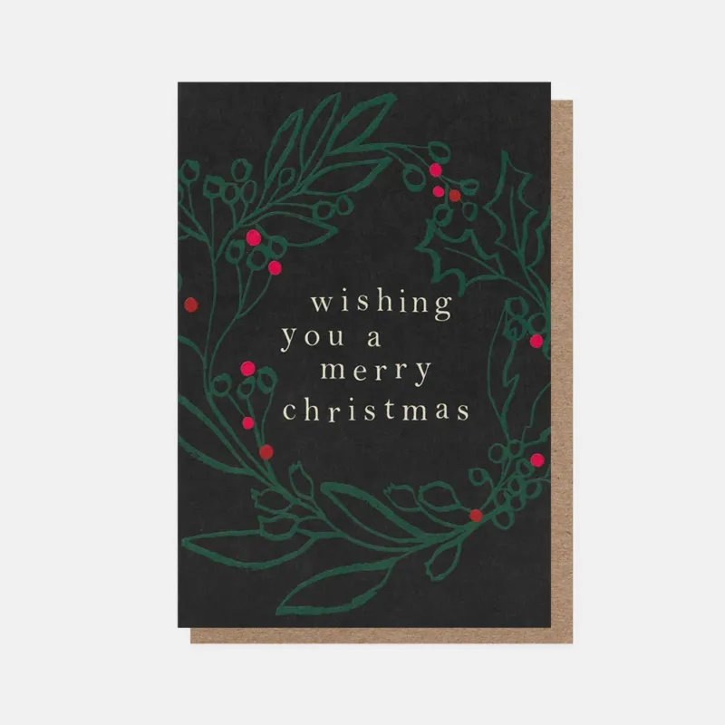Christmas card with wreath design and text 'wishing you a merry christmas' on a black background.
