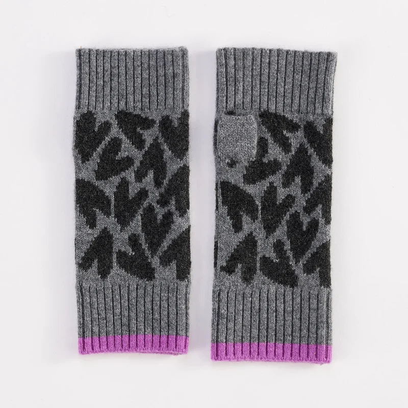 grey with black hearts pure cashmere wrist warmers